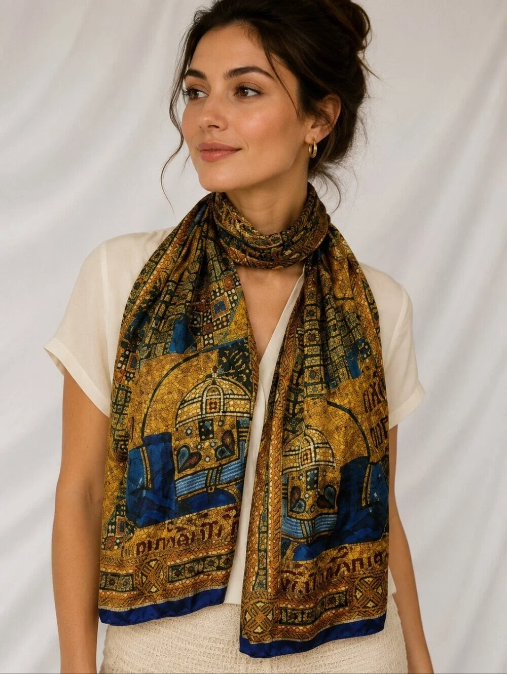 Vtg Designer Italian Silk Mosaic Hand Sewn Rolled One Sided Long Scarf